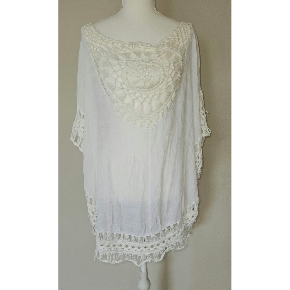 Poncho Top Women M White Crochet Fringe Boho Gauze Coverup Festival Beach Summer